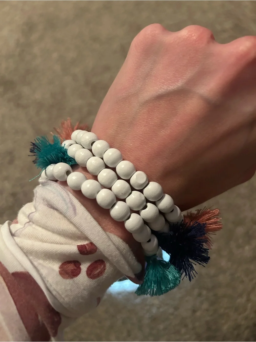 3 Pc White Beaded Bracelet Set with Pink, Navy and Teal Tassels